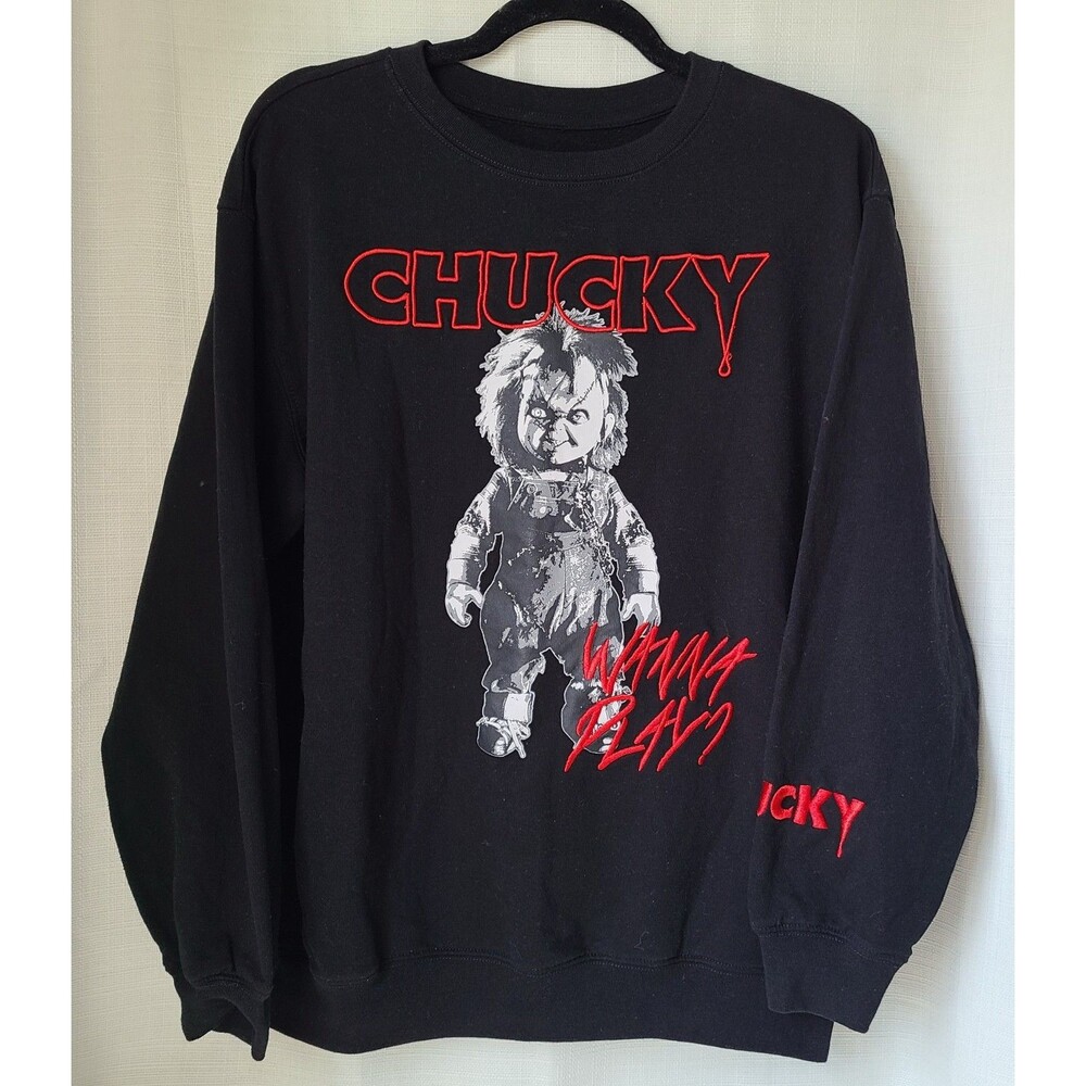 Chucky Wanna Play Crewneck Sweatshirt Men's Large Black Horror Movie Graphic Pul